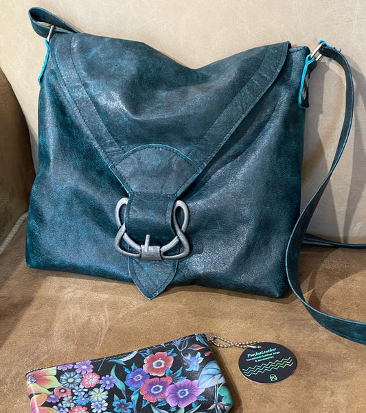 Vintage Teal Distressed leather bag, Celtic Crossbody