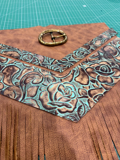 Tooled turquoise and brown Leather Fringe Bag