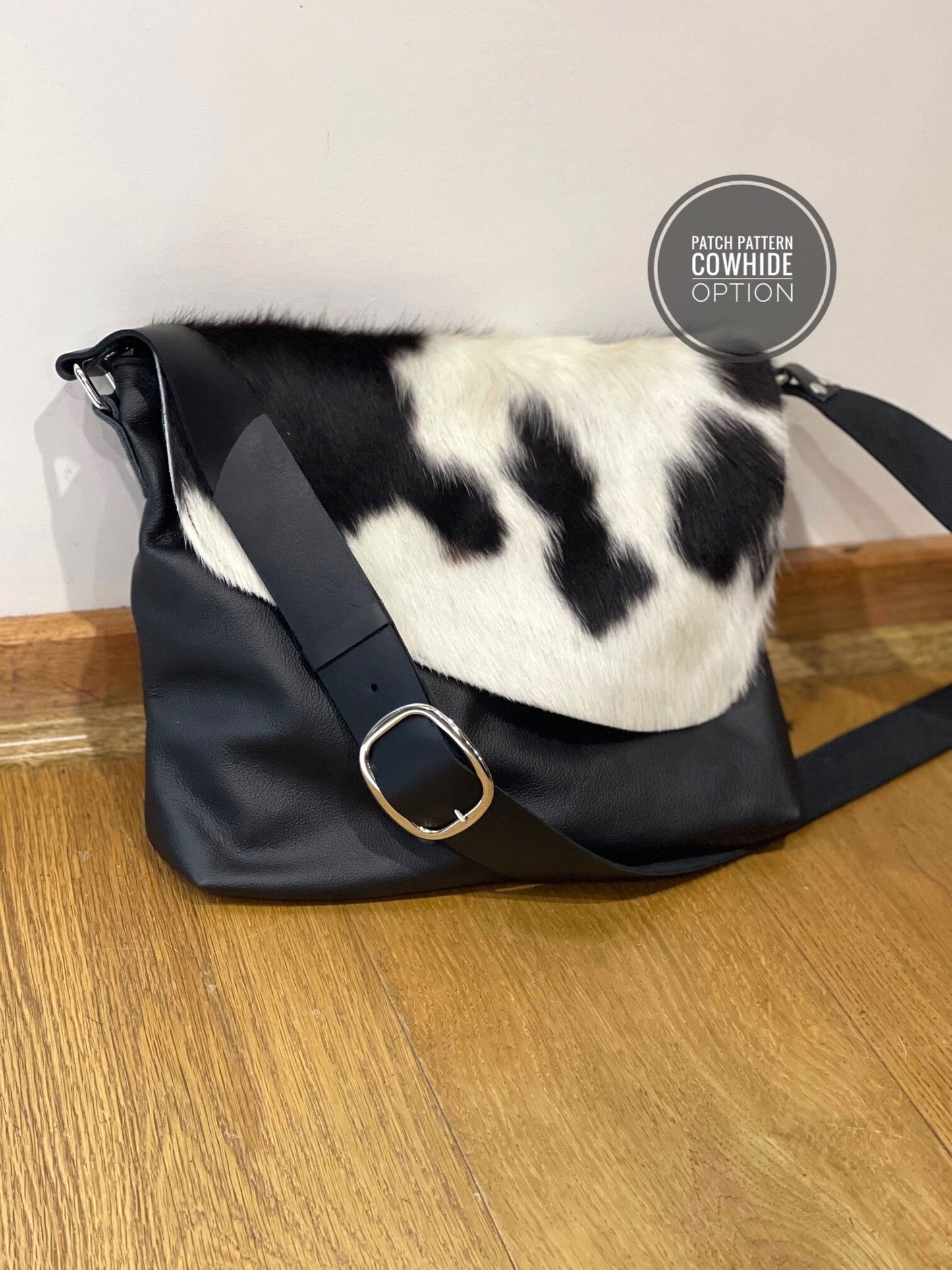 Black white Cowhide Leather Crossbody