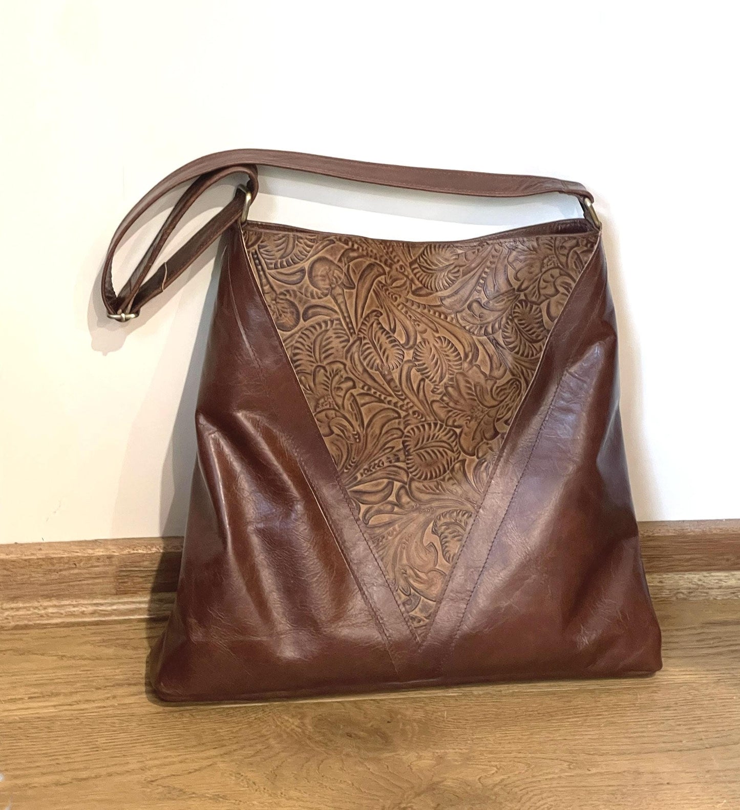 Brown tooled leather Tote bag, Premium Leather, flower and leaf design