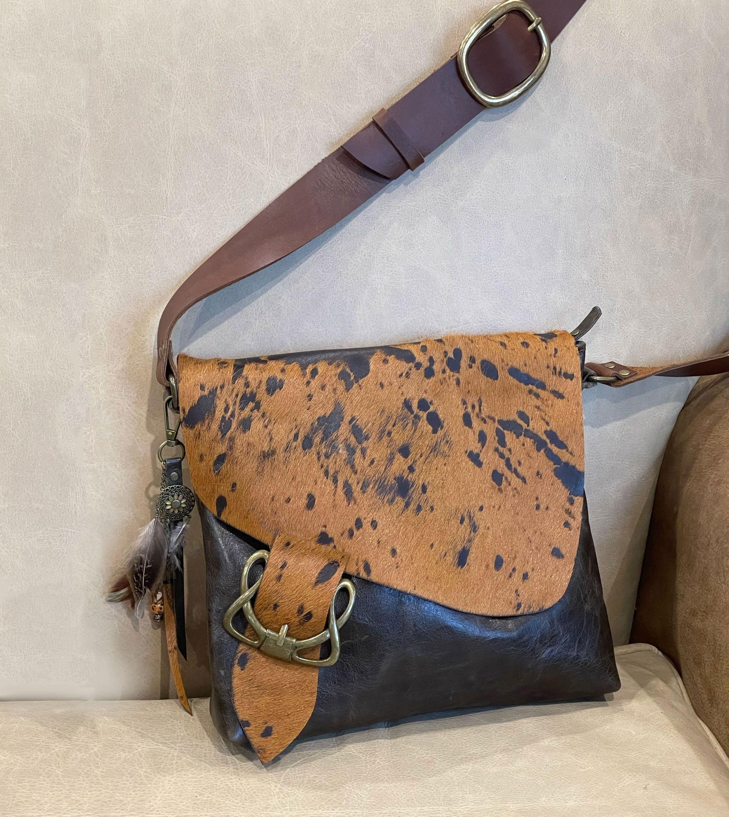 Cowhide Celtic Leather Crossbody, wide strap, OOAK cowhide