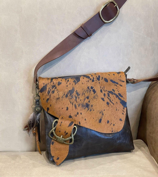 Cowhide Celtic Leather Crossbody, wide strap, OOAK cowhide