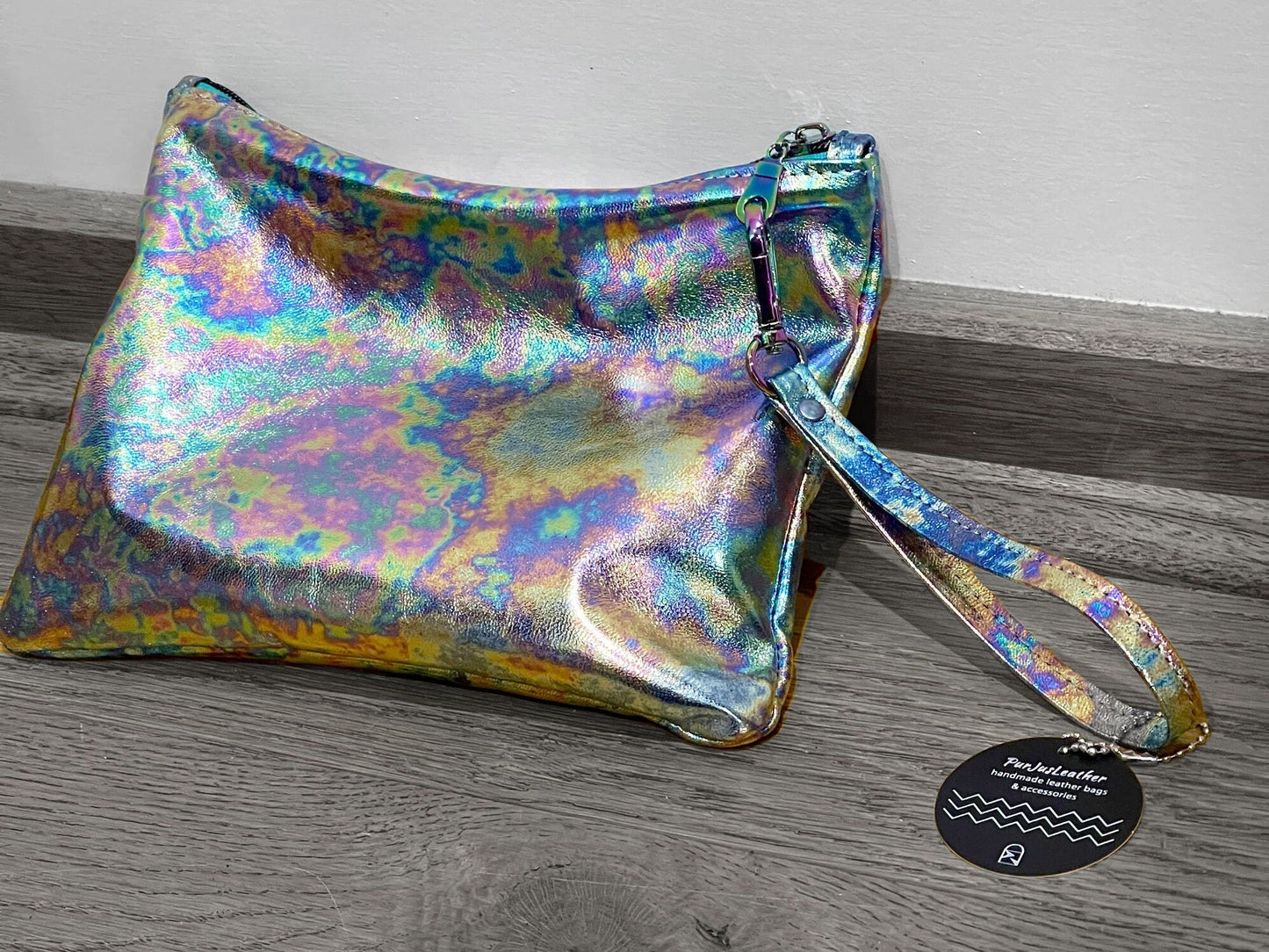 Metallic Oil slick Leather Zipper Wristlet or crossbody