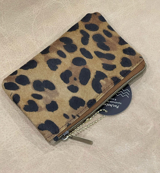 Leopard print nubuck leather zipper Purse, unlined