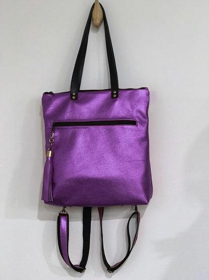 Purple Metallic Leather Backpack with Optional Tote Straps