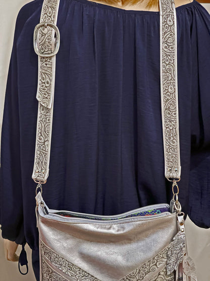 Metallic silver Leather Fringe Hobo Bag with featured tooled leather