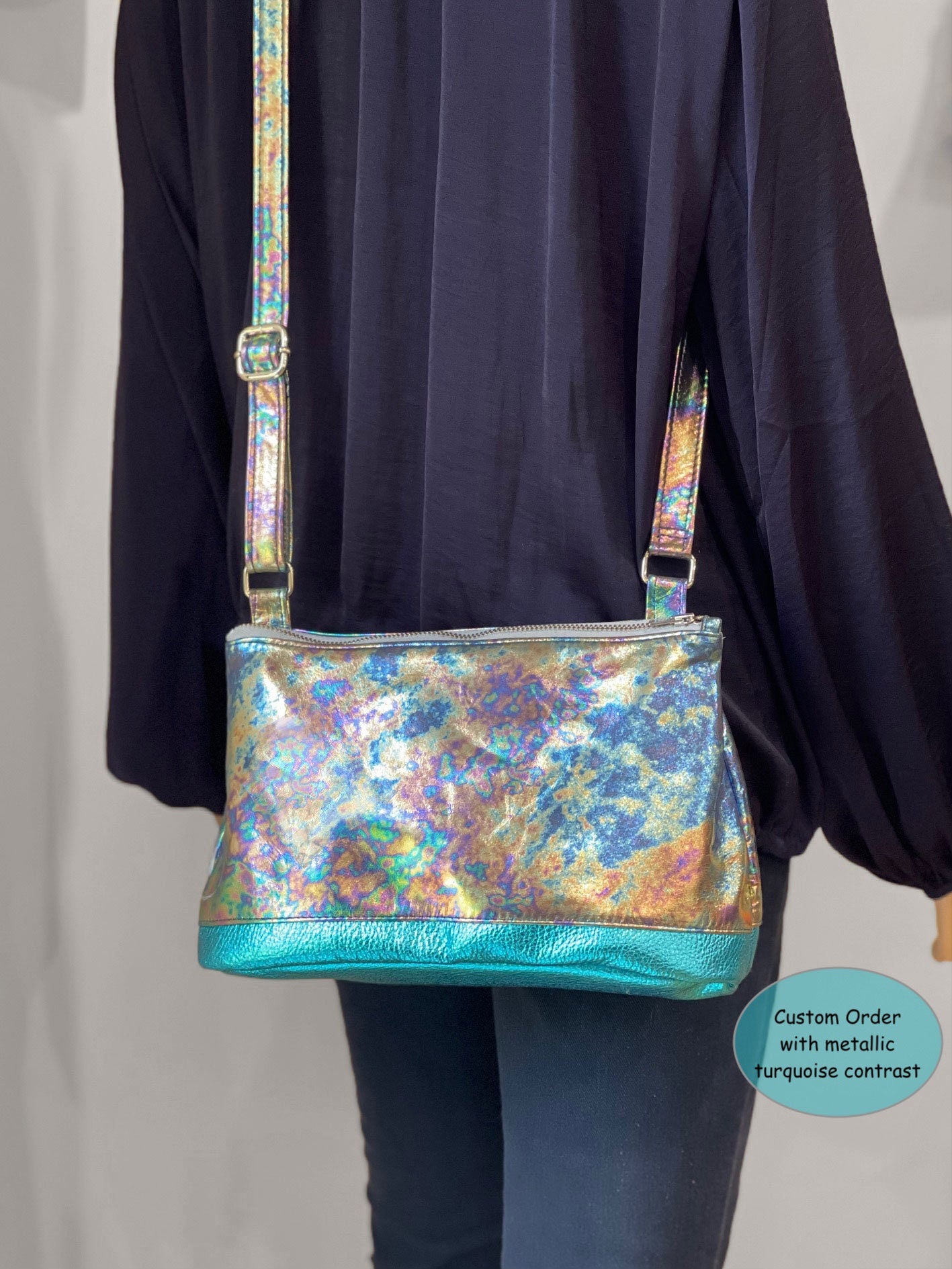 Tie Dye Petrol metallic Leather crossbody bag