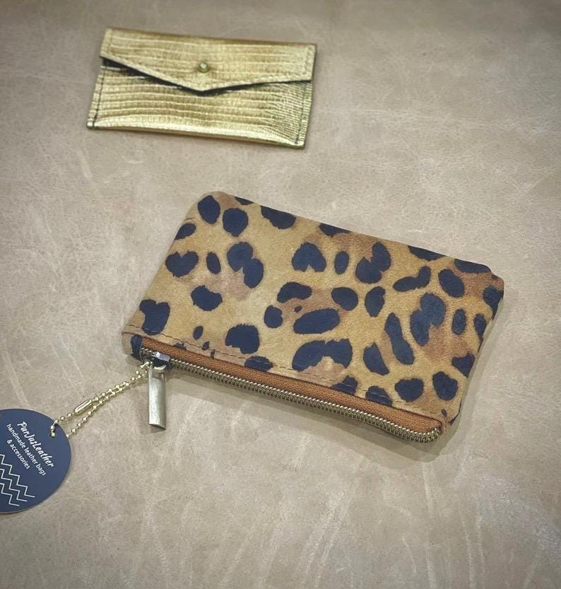 Leopard print nubuck leather zipper Purse, unlined