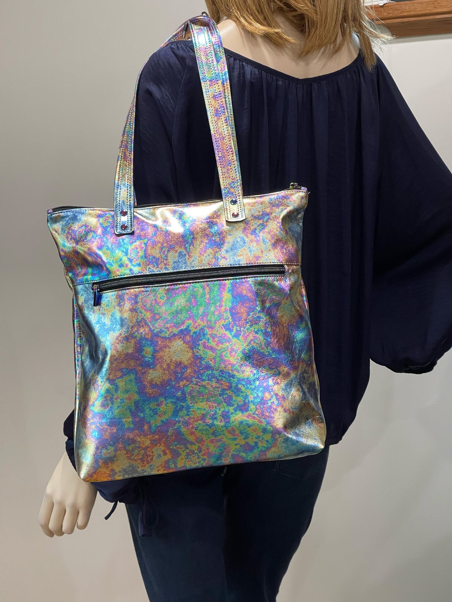 Metallic Oil Slick leather backpack and tote, FREE purse