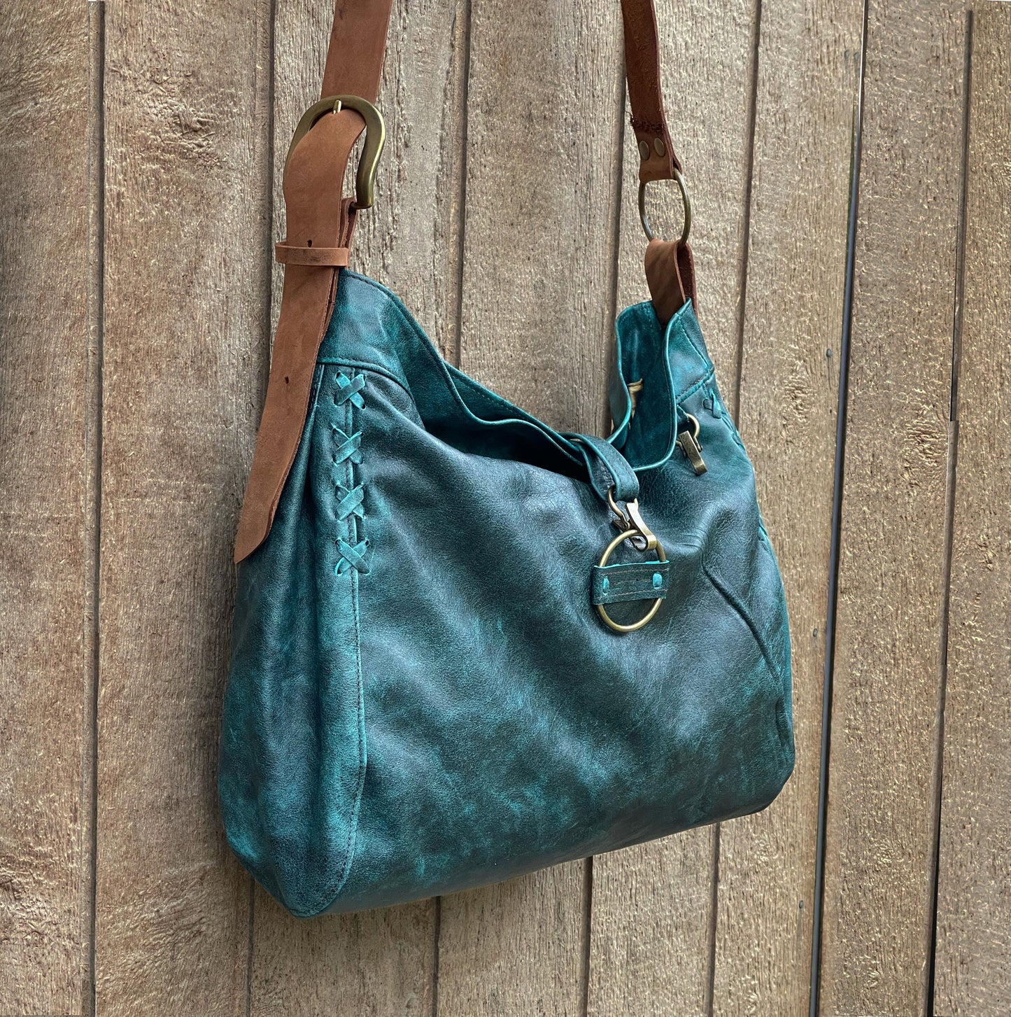 Distressed dark teal Leather Crossbody Bag