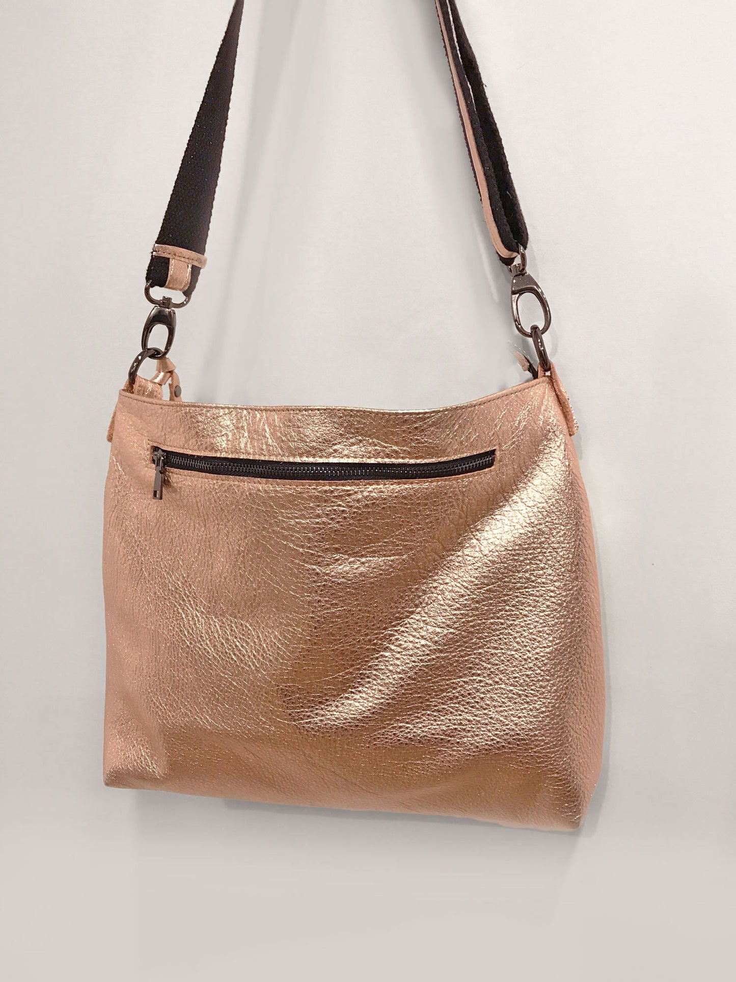 Rose Gold metallic crossbody bag, peach metallic leather