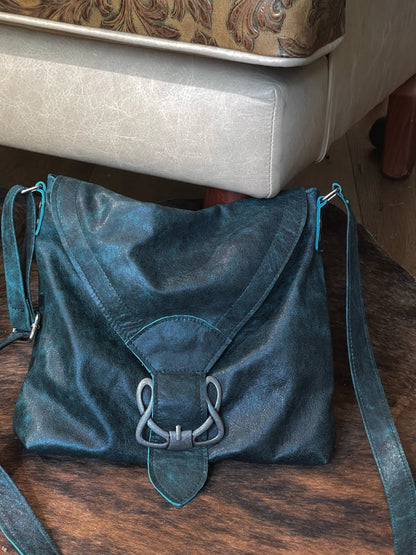 Vintage Teal Distressed leather bag, Celtic Crossbody