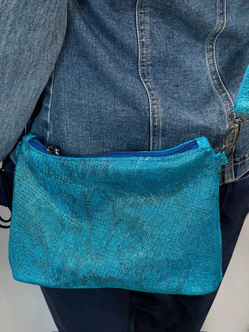 Small turquoise metallic Leather crossbody bag. 1 IN STOCK