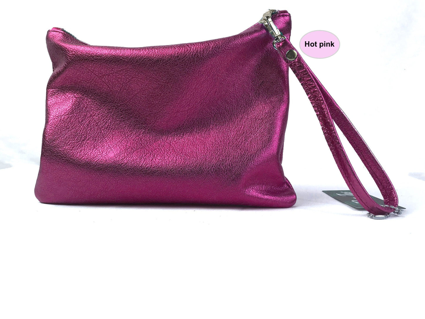 Hot pink or fuchsia metallic leather wristlet or crossbody Bag