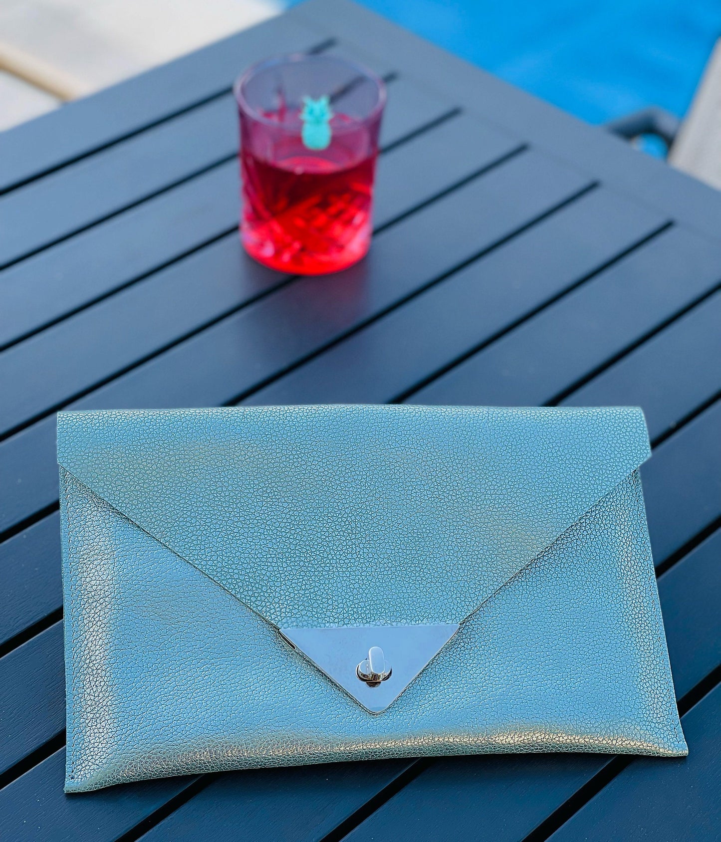 Light iridescent blue and Silver Metallic Leather clutch