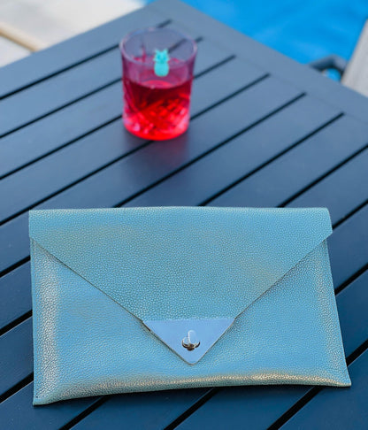 Light iridescent blue and Silver Metallic Leather clutch