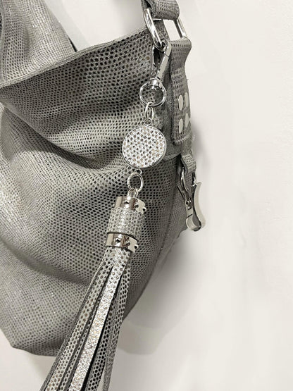 Silver Shimmer on Grey Print Hobo Bag, adjustable shoulder bag