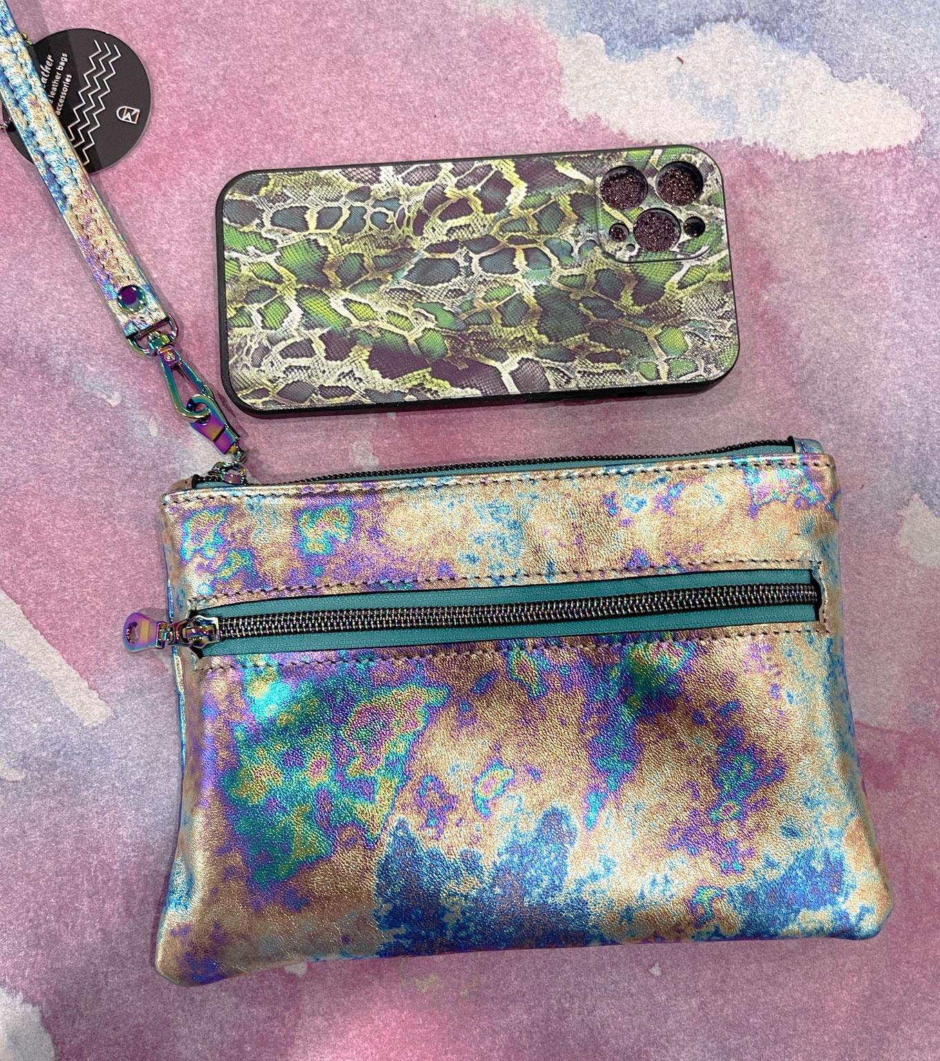 Metallic Oil slick Leather Zipper Wristlet or crossbody
