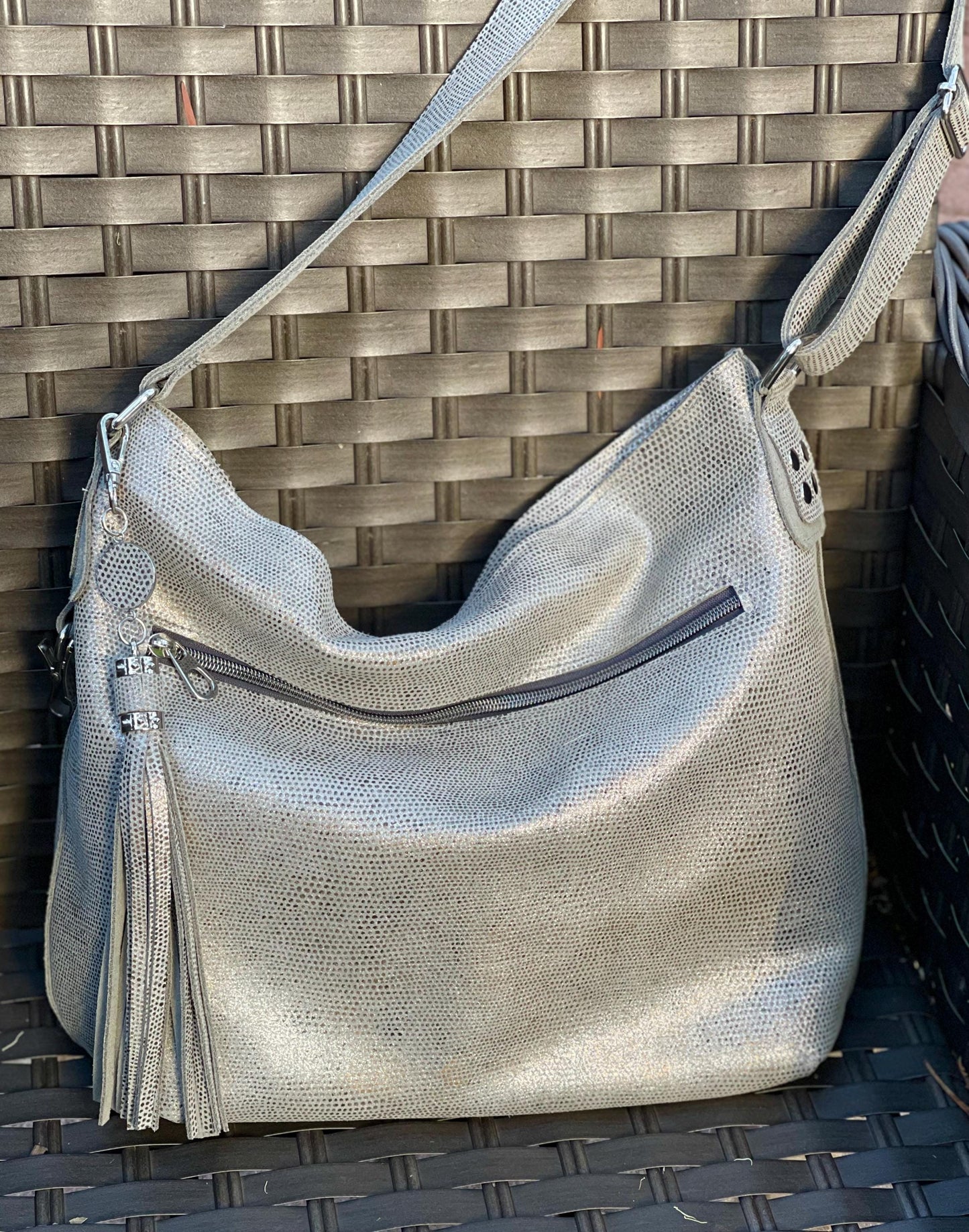 Silver Shimmer on Grey Print Hobo Bag, adjustable shoulder bag