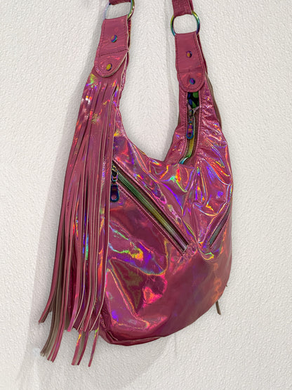 Holographic Pink Leather Hobo, Italian pink leather