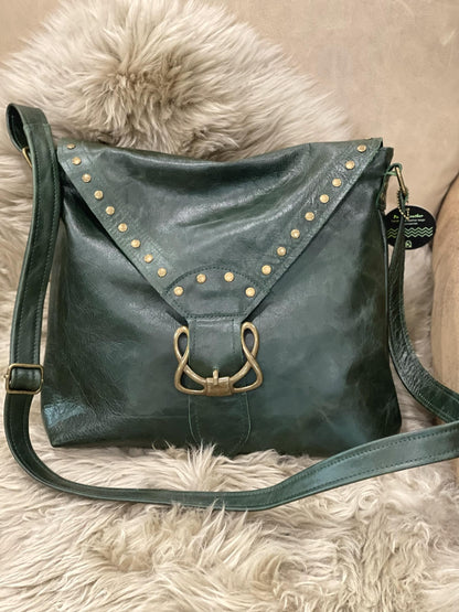 Deep green Celtic leather Crossbody bag with rivets