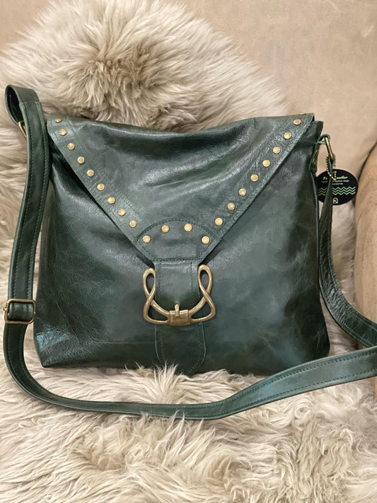 Deep green Celtic leather Crossbody bag with rivets