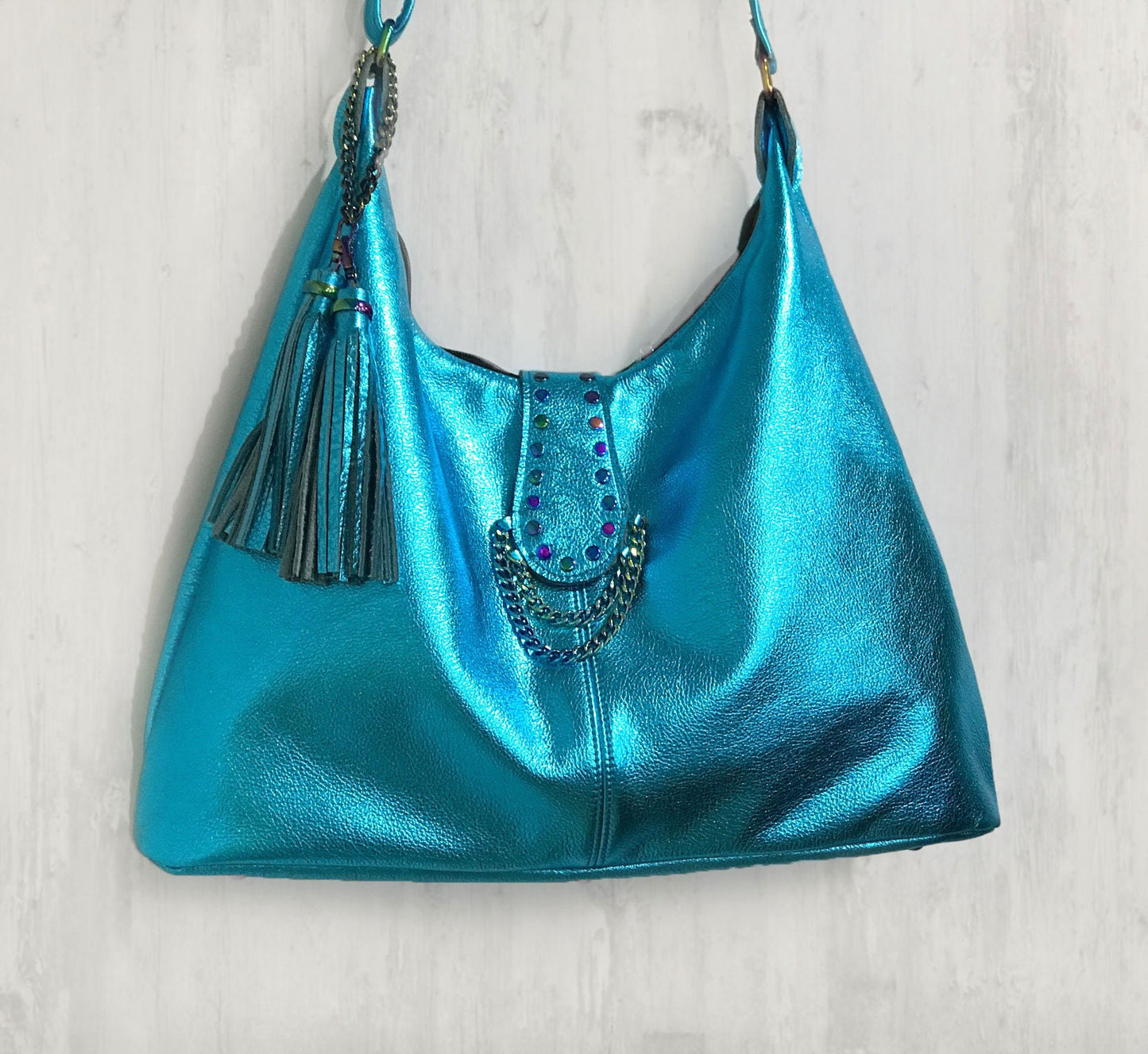 Rainbow hardware Metallic turquoise Italian Hobo, 2 sizes