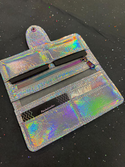 Holographic Iridescent Leather Wallet Purse or wristlet, zipper pocket