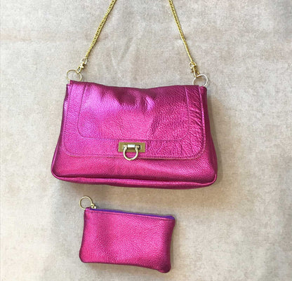 Hot Pink Metallic Leather crossbody with turn clasp close