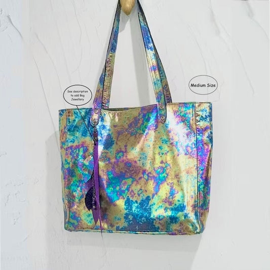 Oil Slick Metallic Leather Tote, free purse