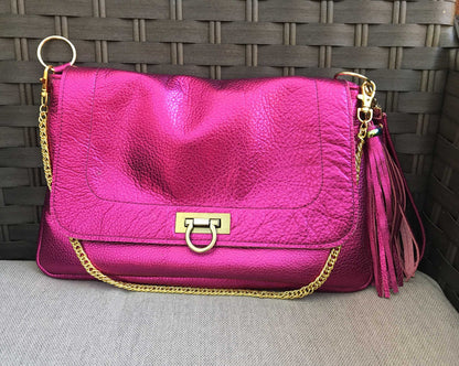 Hot Pink Metallic Leather crossbody with turn clasp close