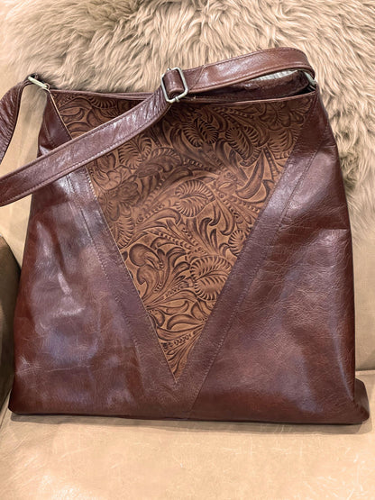 Brown tooled leather Tote bag, Premium Leather, flower and leaf design