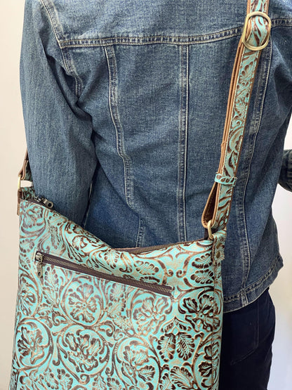 Tooled Turquoise Leather Crossbody Bag, Embossed