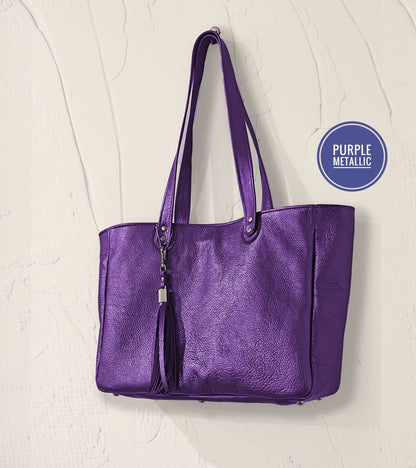 Choose colour wide Metallic Leather Tote, free zipper purse