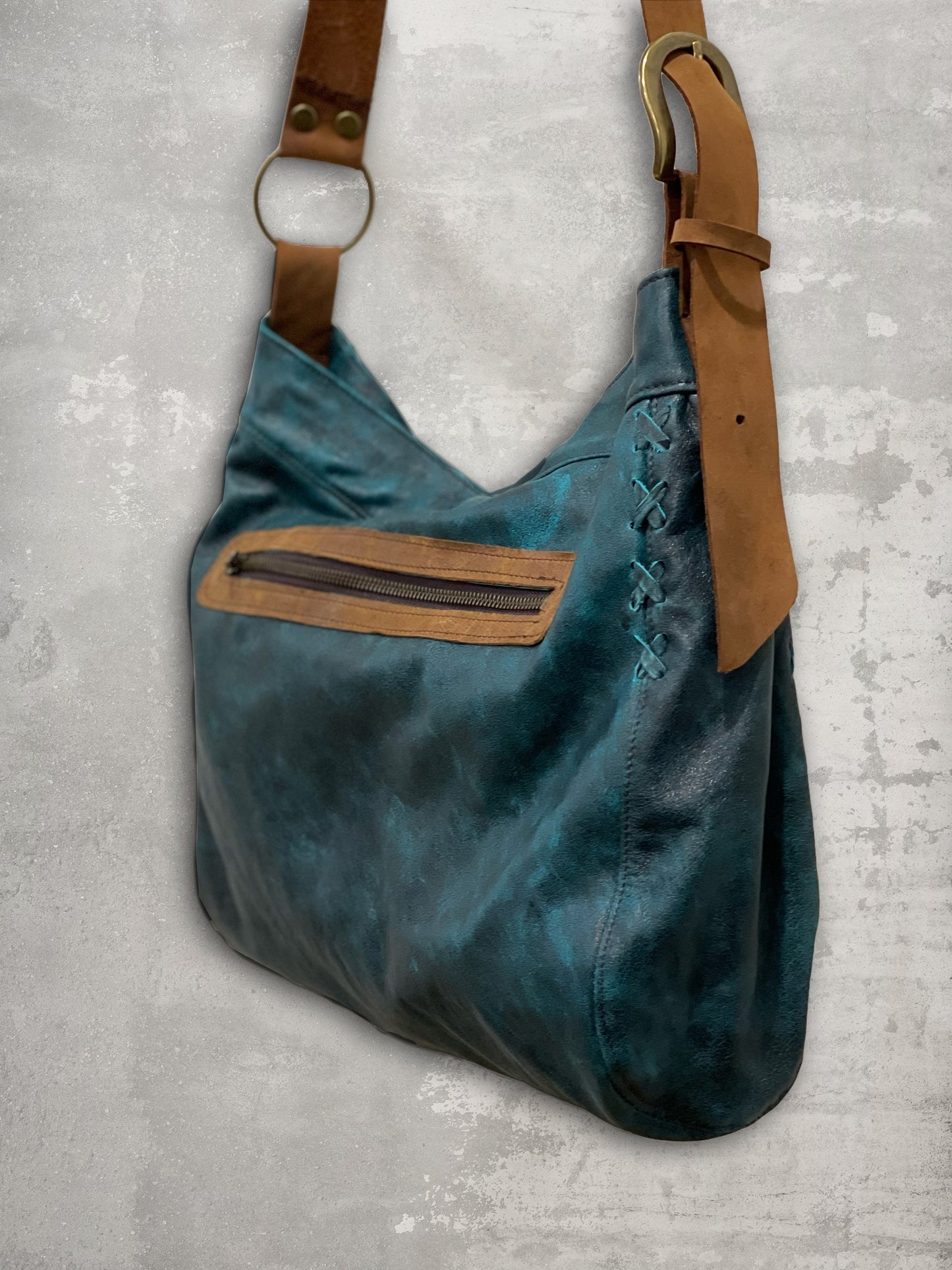 Distressed dark teal Leather Crossbody Bag
