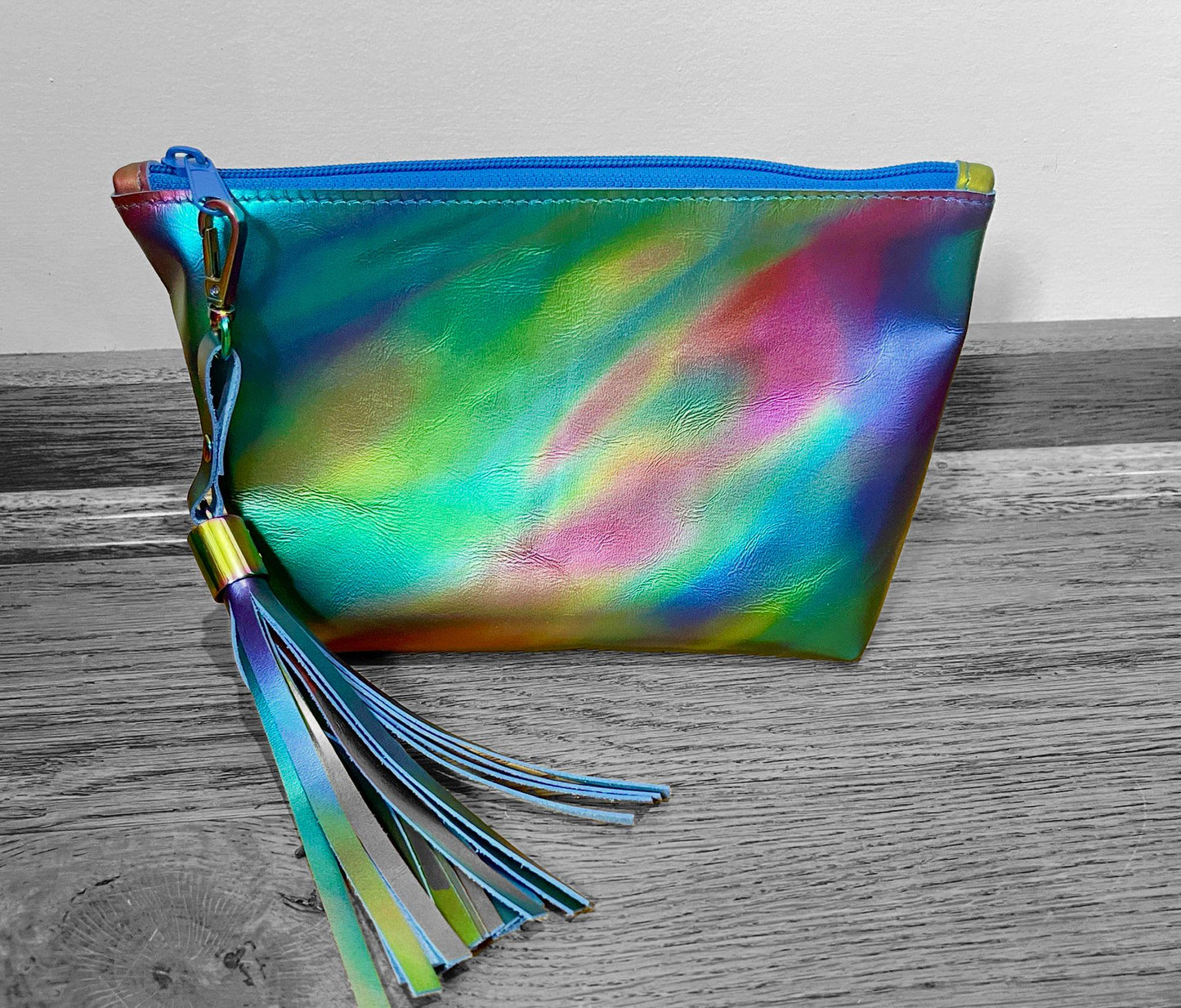 Large Holographic Iridescent leather tassel bag charm