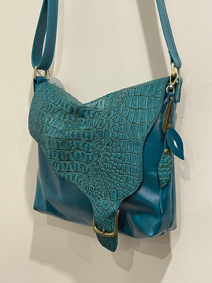 Teal leather crossbody, asymmetrical flap