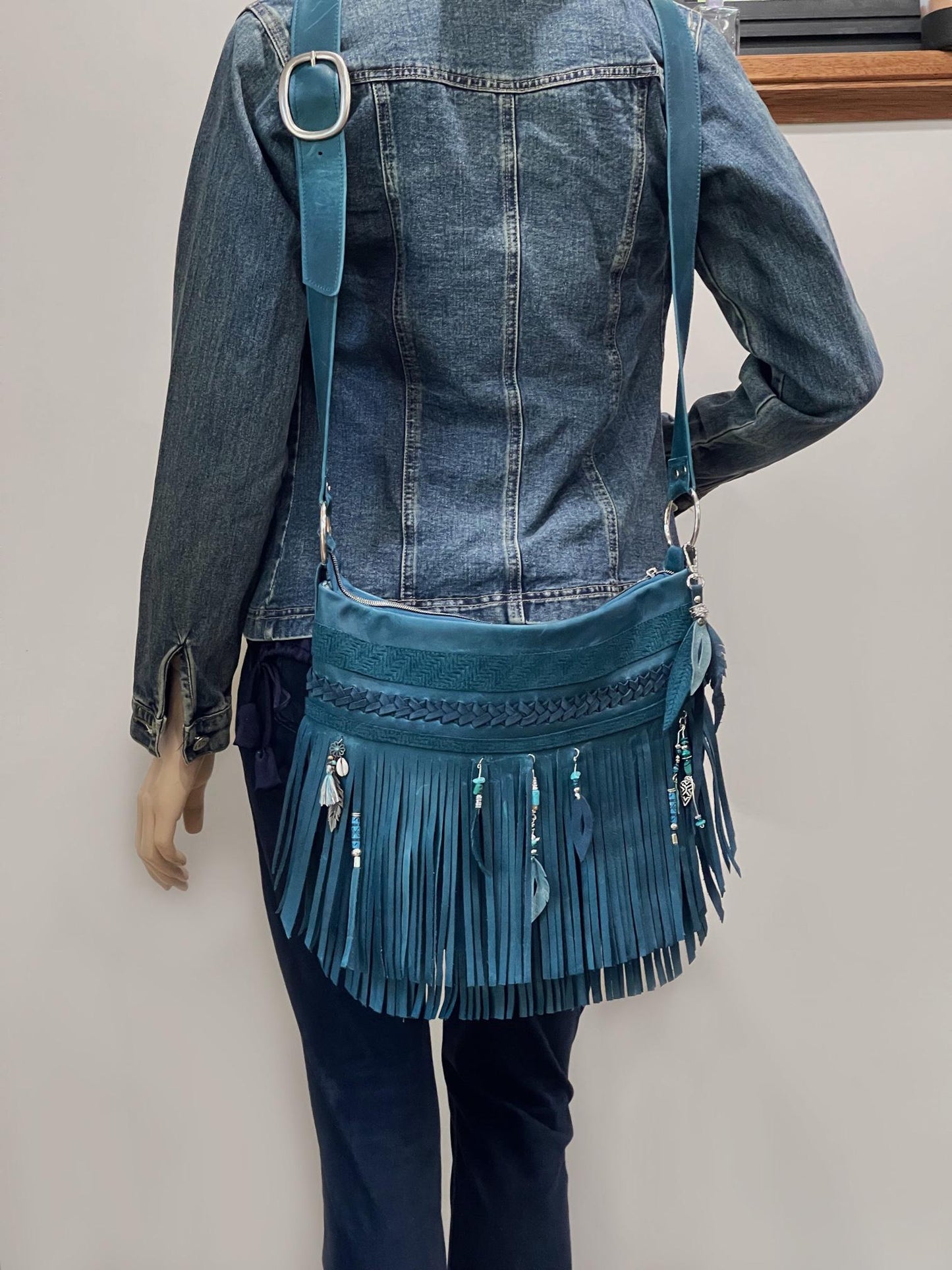 Teal Double Fringe Leather Bag, braided leather