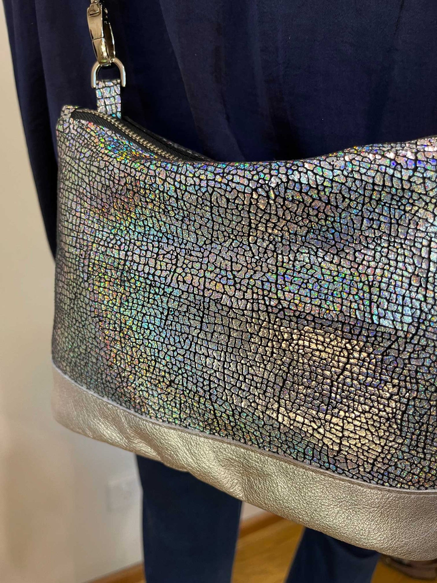 Holographic Iridescent crossbody bag, soft smooth leather