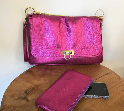 Hot Pink Metallic Leather crossbody with turn clasp close