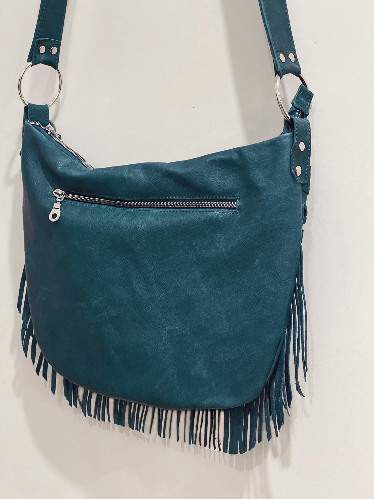 Teal Double Fringe Leather Bag, braided leather