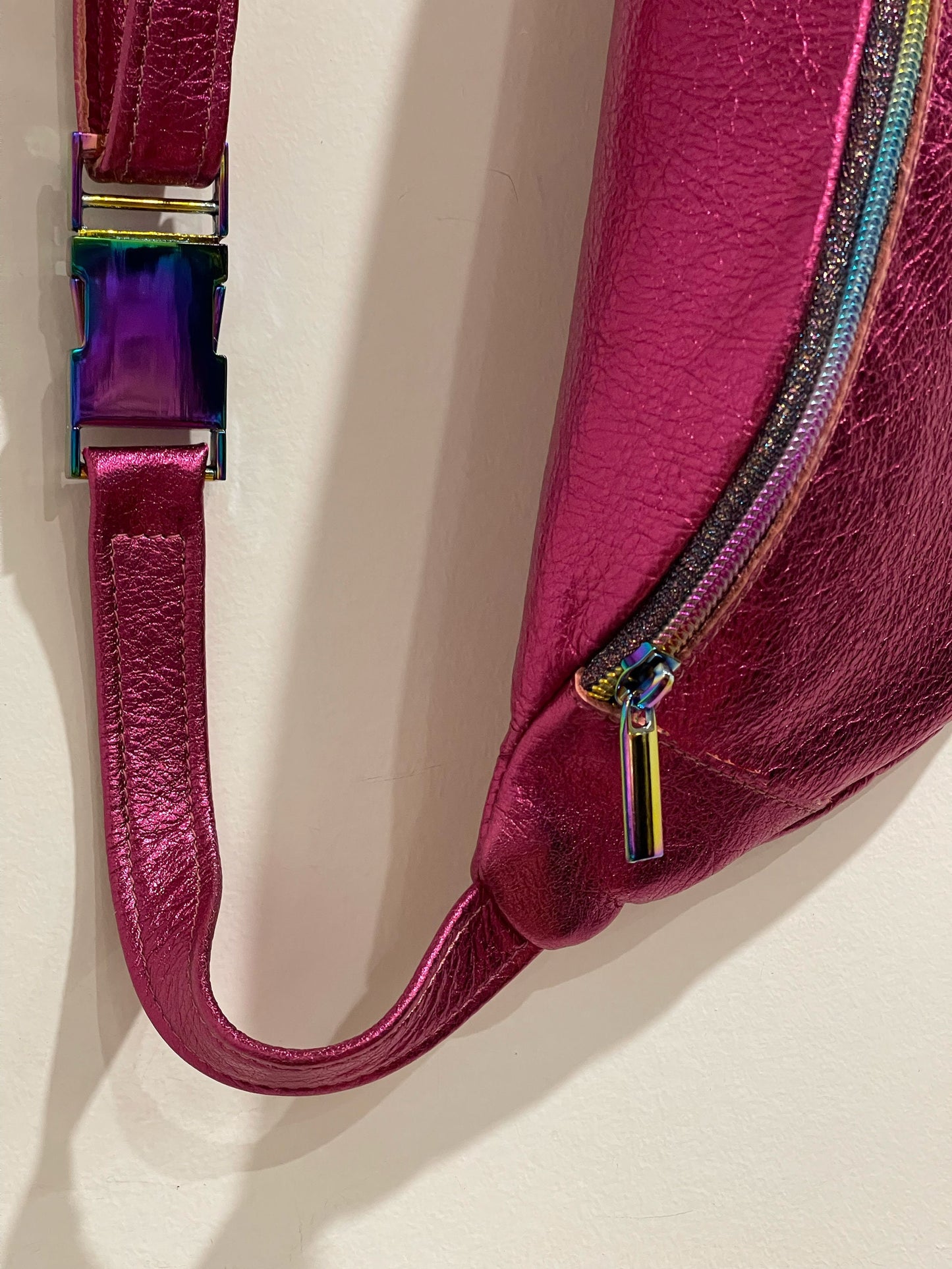 Metallic Hot Pink Leather waist bag, Soft unlined crescent fanny pack, bum bag