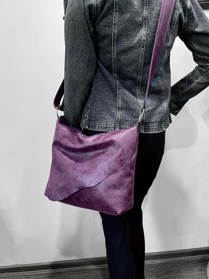 Vintaged Purple Leather adjustable crossbody bag with flap
