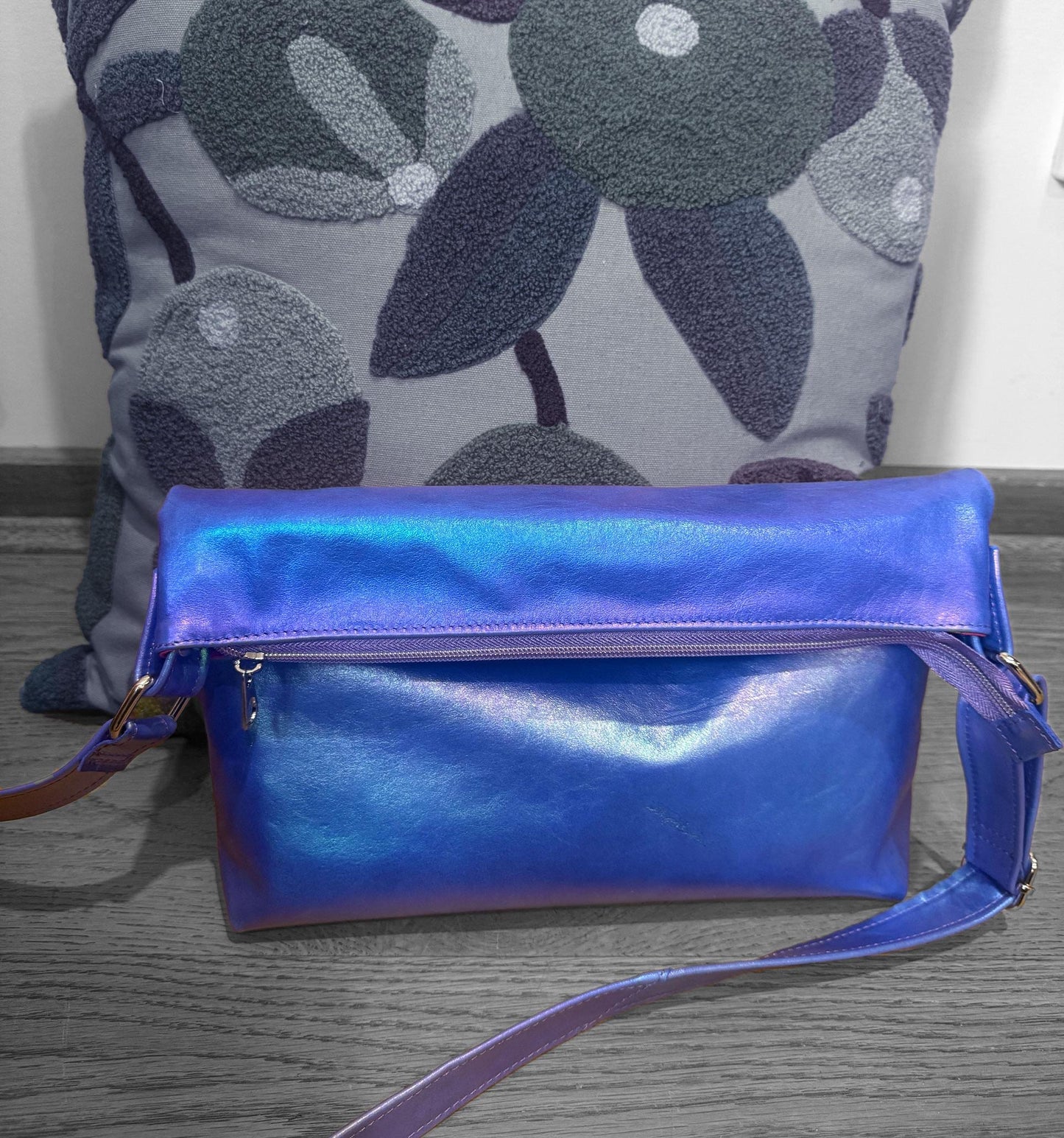 Metallic Rainbow on blue Aurora leather crossbody bag, smooth soft highlights leather bag