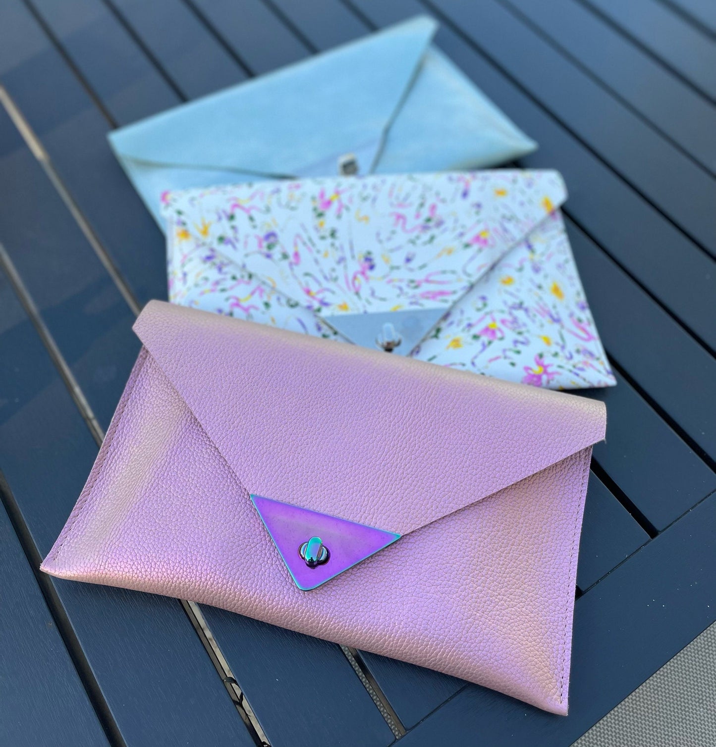 Light iridescent blue and Silver Metallic Leather clutch