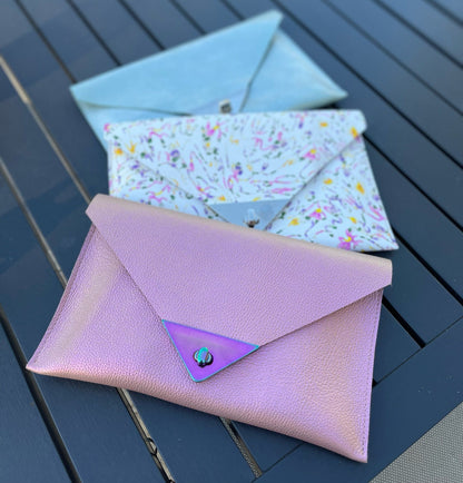 Light iridescent blue and Silver Metallic Leather clutch