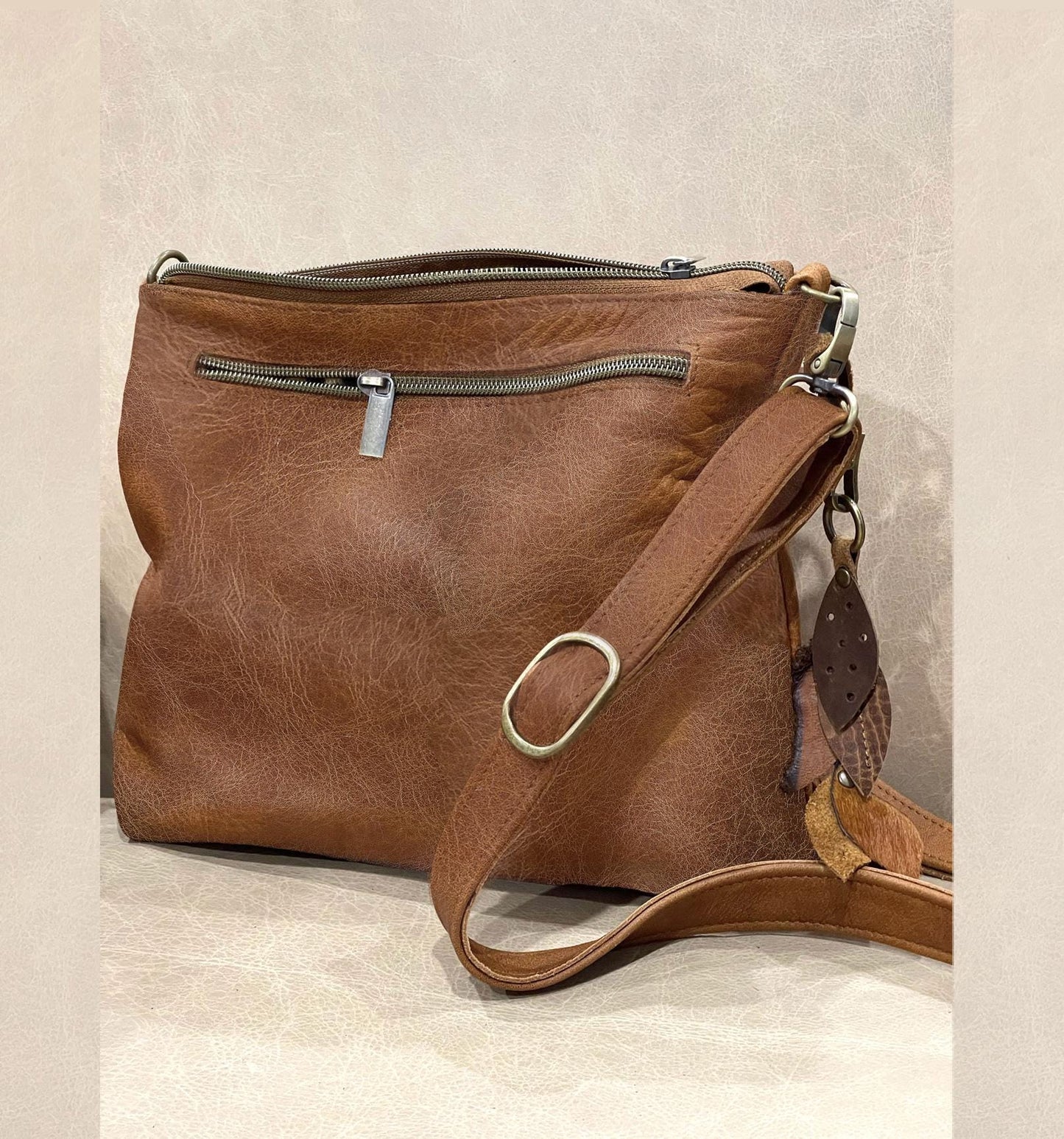 Natural Oak tan vintage finish Leather Crossbody Bag