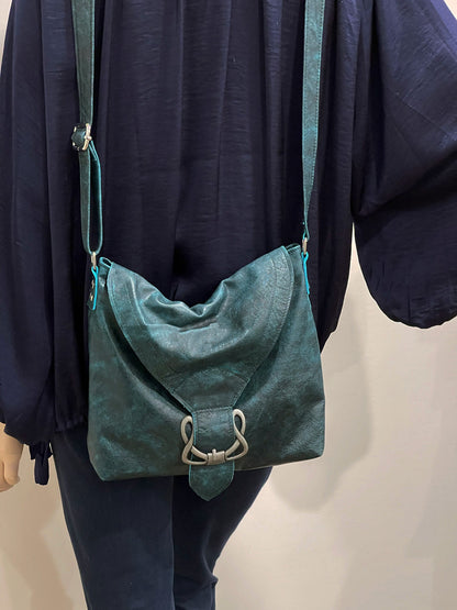 Vintage Teal Distressed leather bag, Celtic Crossbody