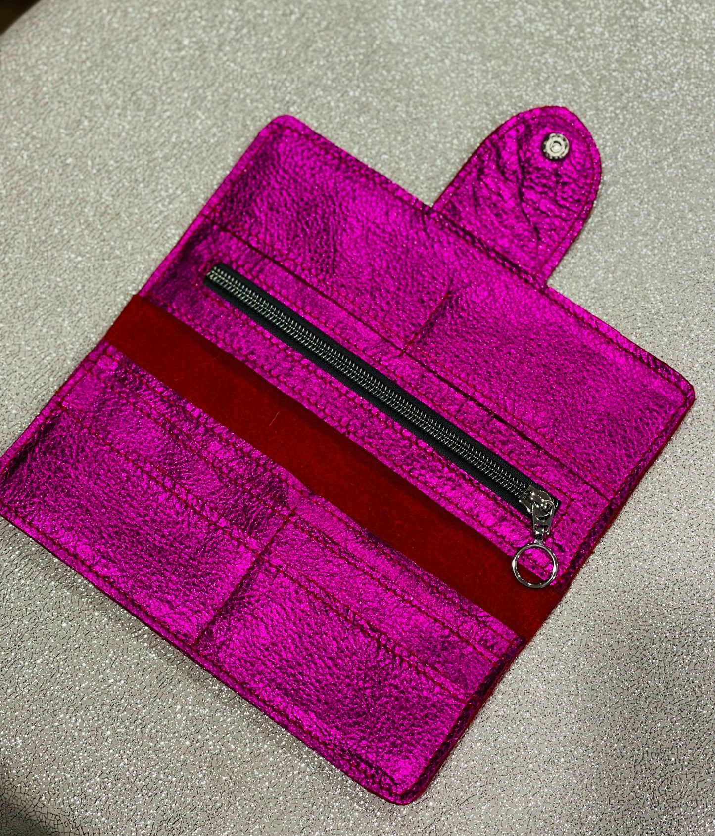Fuchsia Pink Metallic Leather Wallet Purse or wristlet