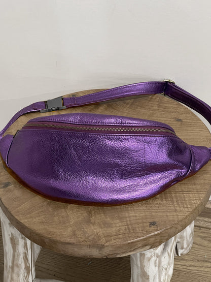 Large Metallic Purple Leather bum bag, soft leather travel bag
